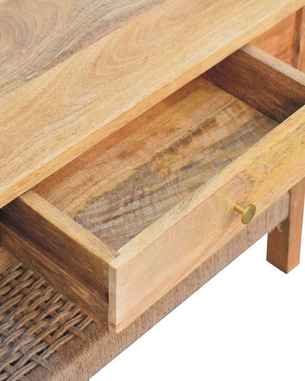 32" Oak Solid Wood Floor Shelf Coffee Table With Drawer And Shelf