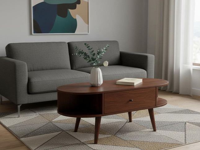 43" Chestnut Solid Wood Oval Coffee Table With Two Drawers And Two Shelves