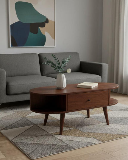 43" Chestnut Solid Wood Oval Coffee Table With Two Drawers And Two Shelves