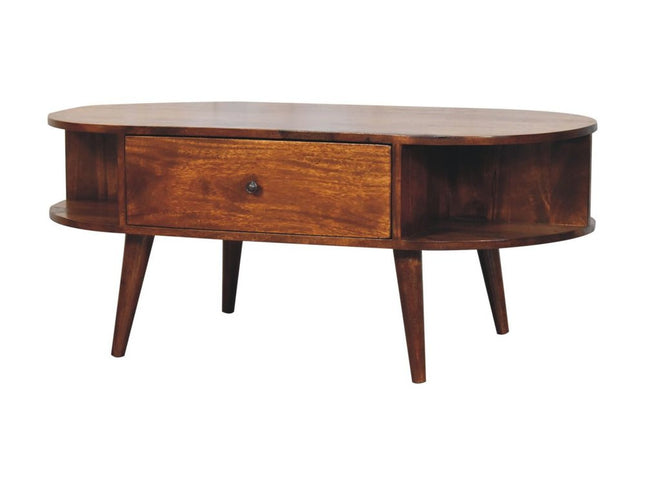 43" Chestnut Solid Wood Oval Coffee Table With Two Drawers And Two Shelves