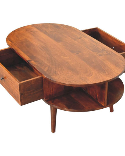 43" Chestnut Solid Wood Oval Coffee Table With Two Drawers And Two Shelves