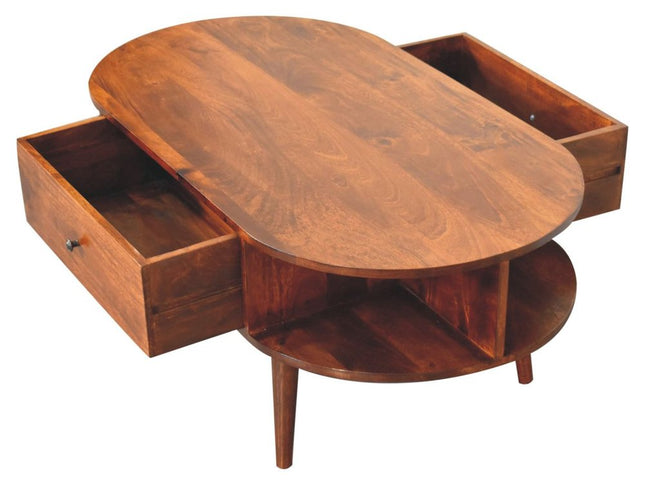 43" Chestnut Solid Wood Oval Coffee Table With Two Drawers And Two Shelves