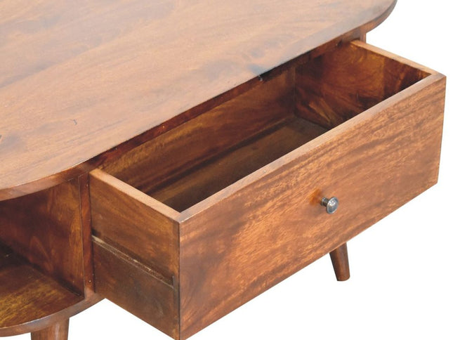 43" Chestnut Solid Wood Oval Coffee Table With Two Drawers And Two Shelves