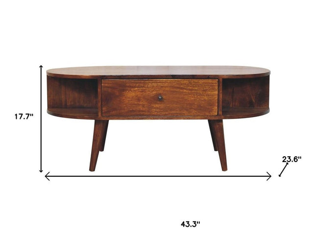 43" Chestnut Solid Wood Oval Coffee Table With Two Drawers And Two Shelves