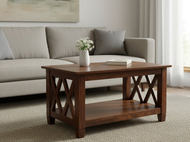 32" Chestnut Solid Wood Floor Shelf Coffee Table With Shelf