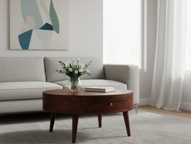 32" Chestnut Solid Wood Round Coffee Table With Two Drawers