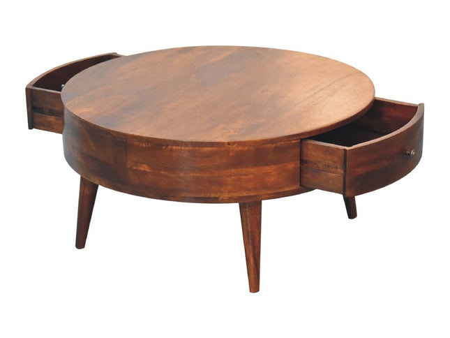 32" Chestnut Solid Wood Round Coffee Table With Two Drawers