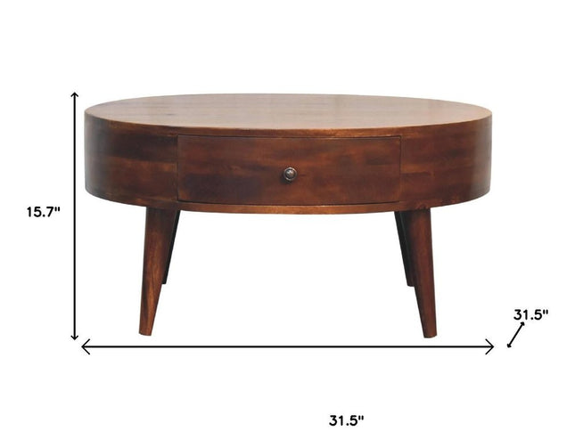 32" Chestnut Solid Wood Round Coffee Table With Two Drawers