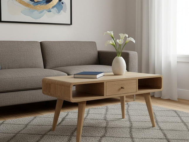34" Oak Solid Wood Coffee Table With Two Drawers And Two Shelves