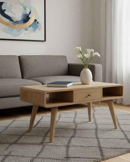 34" Oak Solid Wood Coffee Table With Two Drawers And Two Shelves