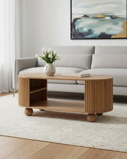 43" Oak Solid Wood Oval Coffee Table With Shelf