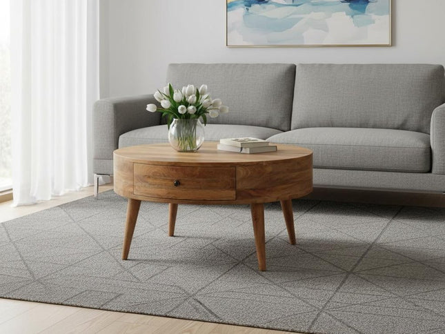 32" Oak Solid Wood Round Coffee Table With Drawer