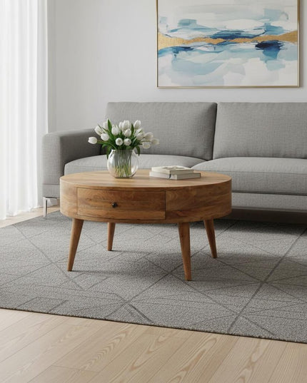 32" Oak Solid Wood Round Coffee Table With Drawer