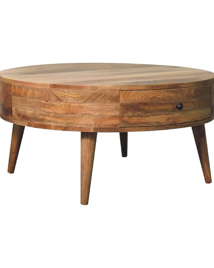 32" Oak Solid Wood Round Coffee Table With Drawer