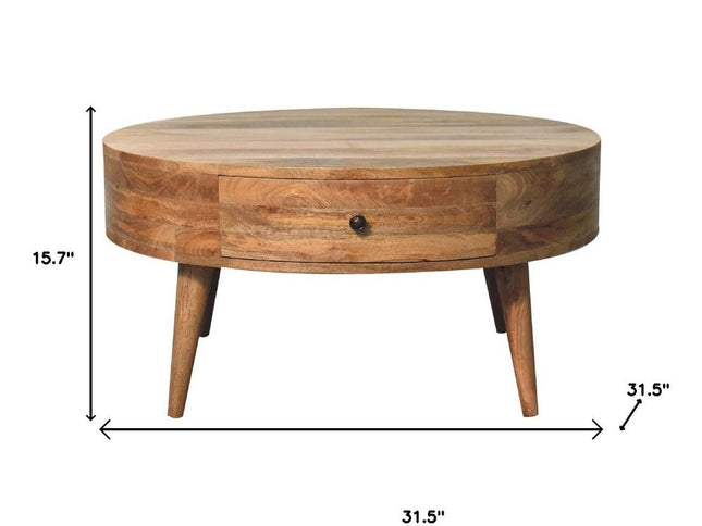 32" Oak Solid Wood Round Coffee Table With Drawer