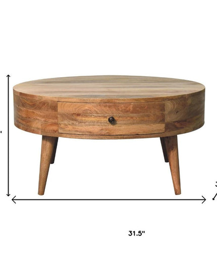 32" Oak Solid Wood Round Coffee Table With Drawer