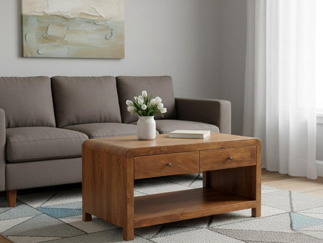 34" Chestnut Solid Wood Floor Shelf Coffee Table With Two Drawers And Shelf