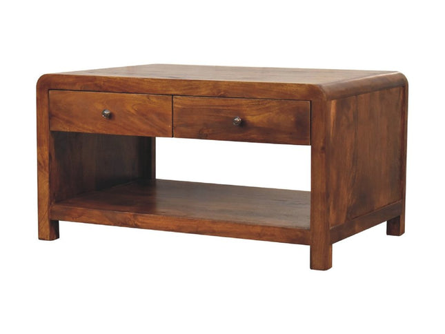 34" Chestnut Solid Wood Floor Shelf Coffee Table With Two Drawers And Shelf