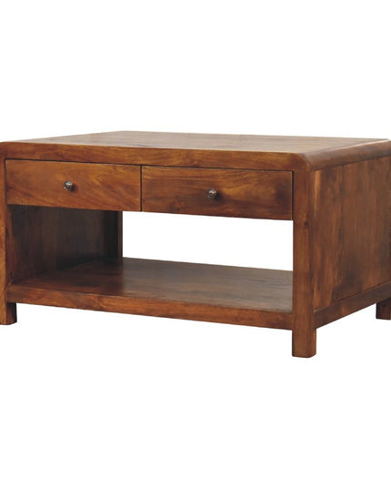 34" Chestnut Solid Wood Floor Shelf Coffee Table With Two Drawers And Shelf
