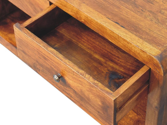 34" Chestnut Solid Wood Floor Shelf Coffee Table With Two Drawers And Shelf