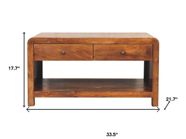 34" Chestnut Solid Wood Floor Shelf Coffee Table With Two Drawers And Shelf