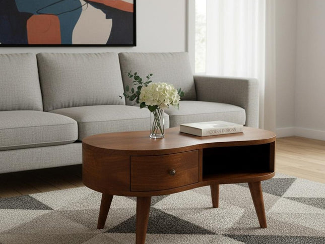 28" Chestnut Solid Wood Free Form Coffee Table With Drawer And Shelf