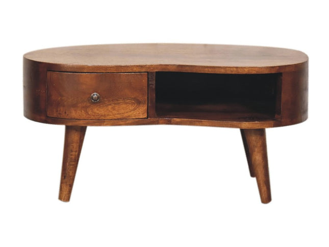 28" Chestnut Solid Wood Free Form Coffee Table With Drawer And Shelf