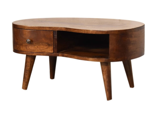 28" Chestnut Solid Wood Free Form Coffee Table With Drawer And Shelf