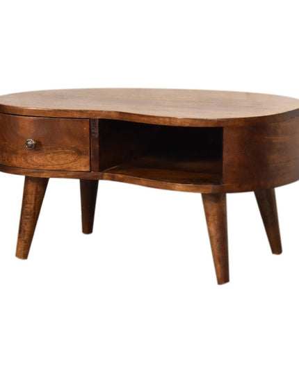 28" Chestnut Solid Wood Free Form Coffee Table With Drawer And Shelf