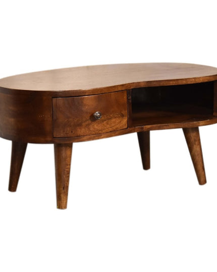 28" Chestnut Solid Wood Free Form Coffee Table With Drawer And Shelf