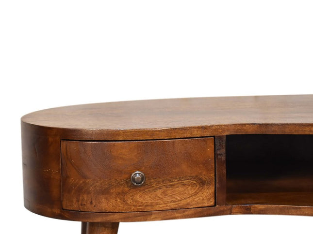 28" Chestnut Solid Wood Free Form Coffee Table With Drawer And Shelf