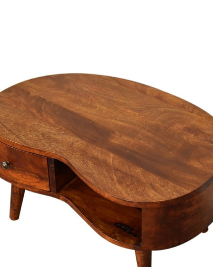 28" Chestnut Solid Wood Free Form Coffee Table With Drawer And Shelf