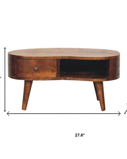 28" Chestnut Solid Wood Free Form Coffee Table With Drawer And Shelf