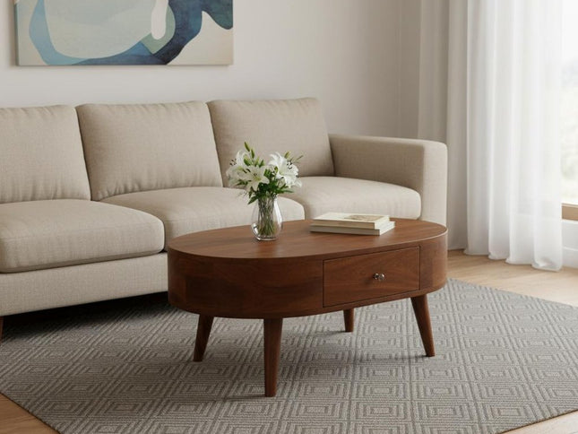 26" Chestnut Solid Wood Oval Coffee Table With Drawer
