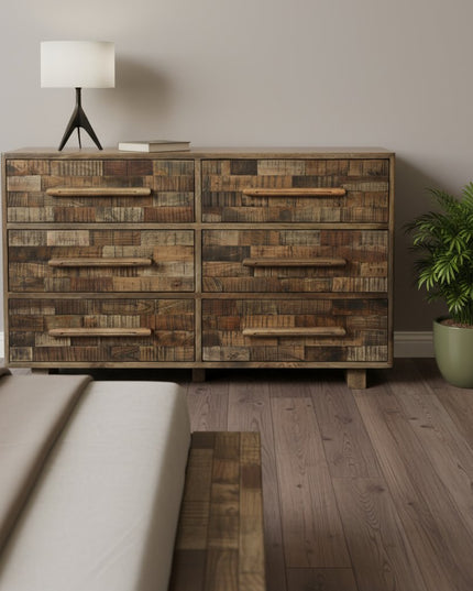 57" Brown Solid Wood Six Drawer Dresser