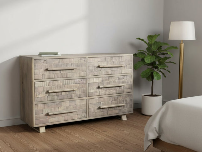 57" Gray Solid Wood Six Drawer Dresser