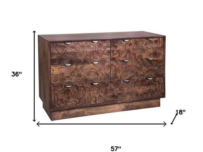 57" Brown Carved Abstract Solid Wood Six Drawer Dresser