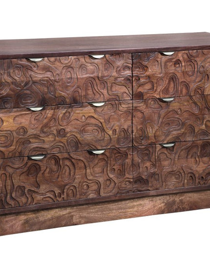 57" Brown Carved Abstract Solid Wood Six Drawer Dresser