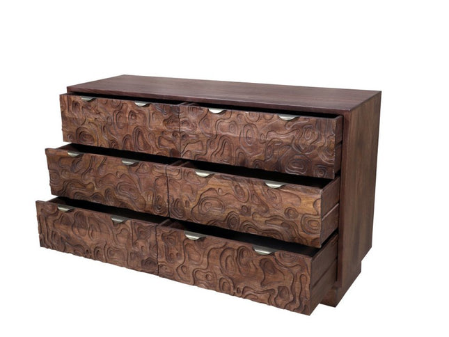 57" Brown Carved Abstract Solid Wood Six Drawer Dresser