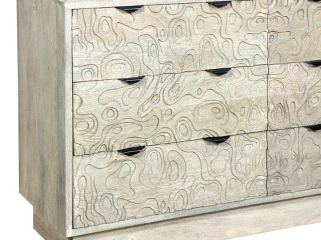 57" Gray Carved Geometric Solid Wood Six Drawer Dresser