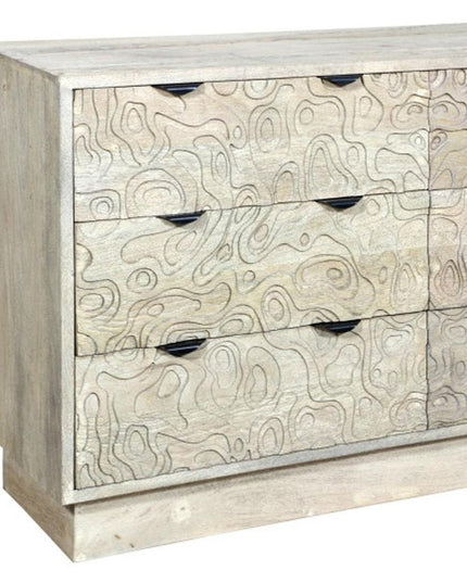 57" Gray Carved Geometric Solid Wood Six Drawer Dresser