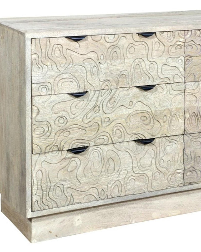 57" Gray Carved Geometric Solid Wood Six Drawer Dresser