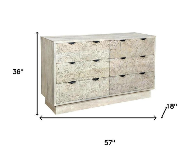 57" Gray Carved Geometric Solid Wood Six Drawer Dresser