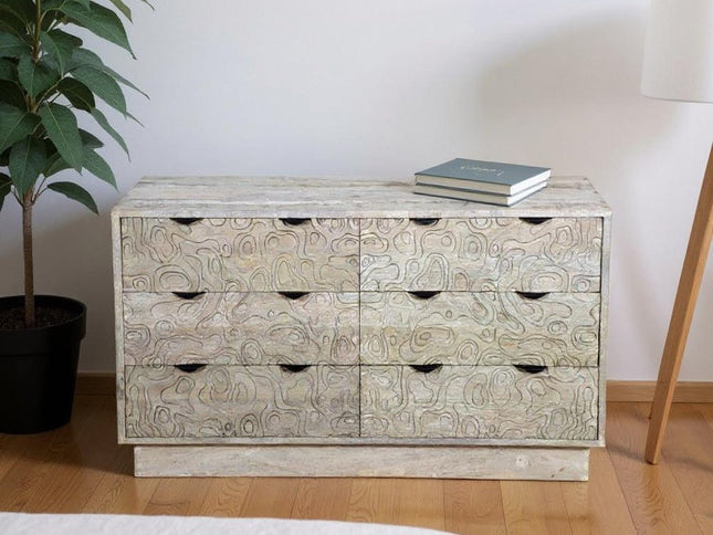 57" Gray Carved Geometric Solid Wood Six Drawer Dresser