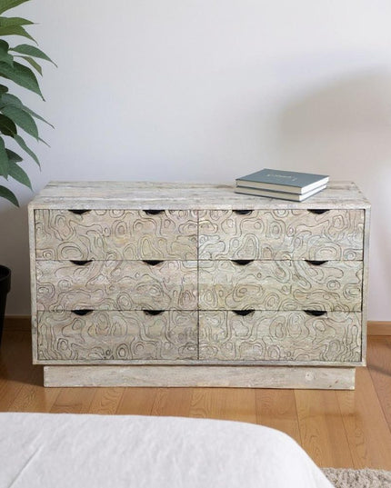 57" Gray Carved Geometric Solid Wood Six Drawer Dresser