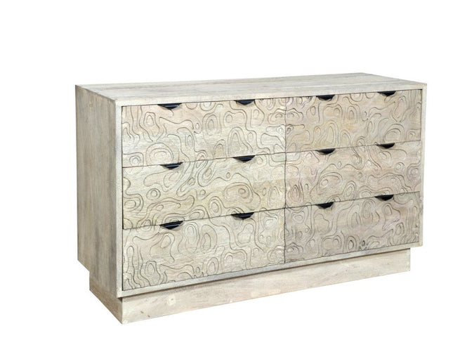57" Gray Carved Geometric Solid Wood Six Drawer Dresser