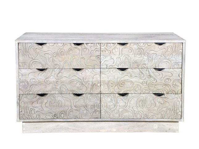 57" Gray Carved Geometric Solid Wood Six Drawer Dresser