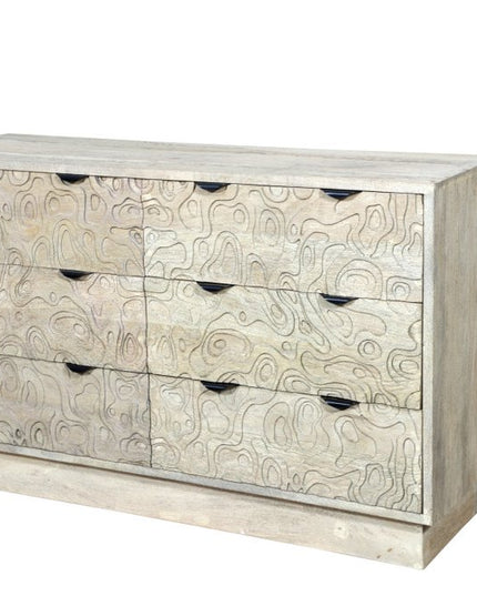 57" Gray Carved Geometric Solid Wood Six Drawer Dresser