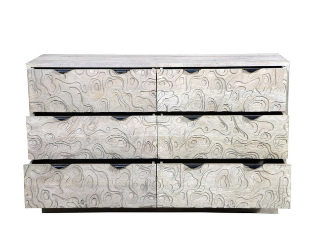 57" Gray Carved Geometric Solid Wood Six Drawer Dresser