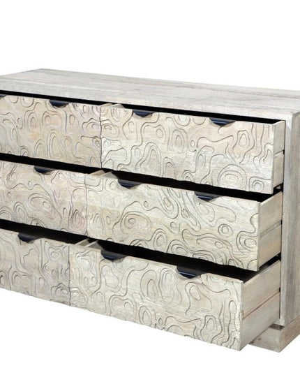 57" Gray Carved Geometric Solid Wood Six Drawer Dresser